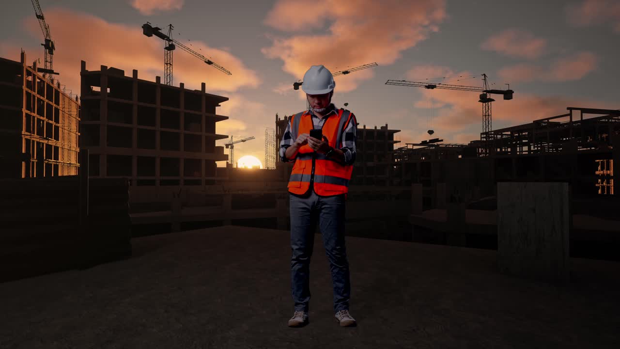 Full Body Of Asian Male Engineer With Safety Helmet Using Smartphone While Standing At Building & Construction Site in Progress to New House