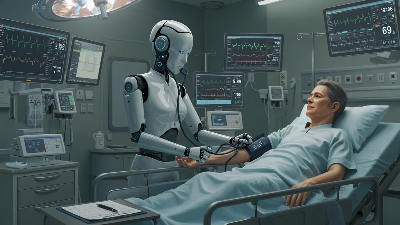 A Futuristic Hospital Scene Featuring a Robot Assisting a Patient with Vital Monitoring, Showcasing Advanced Technology and Healthcare Integration in a Clinical Environment