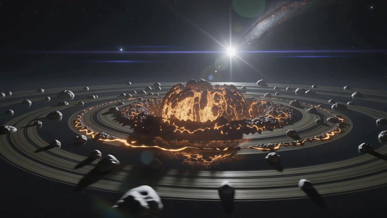 Panning camera revealing molten dome glowing, lighting rings in deep space with orbiting asteroids