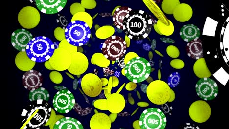 falling poker chips and dollar coins, animation background, loop, rendering, with alpha channel