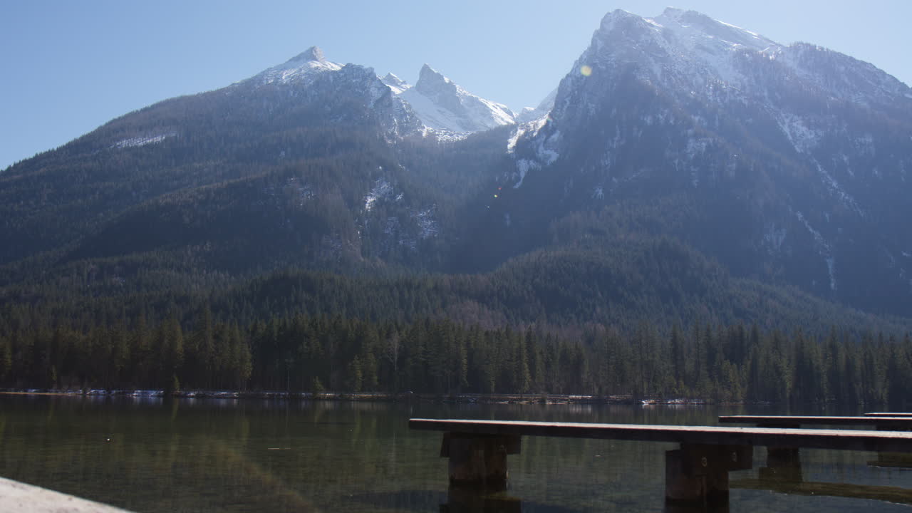Picturesque View Of Summit Towering On Hintersee Lake In The Berchtesgaden National Park, Germany. Wide Shot