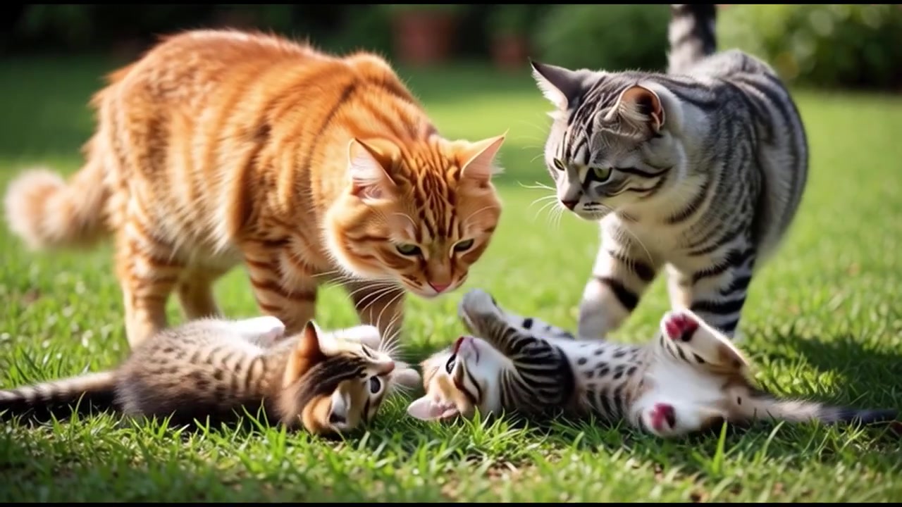 Due gatti adulti che osservano due gattini giocosi sull'erba verde