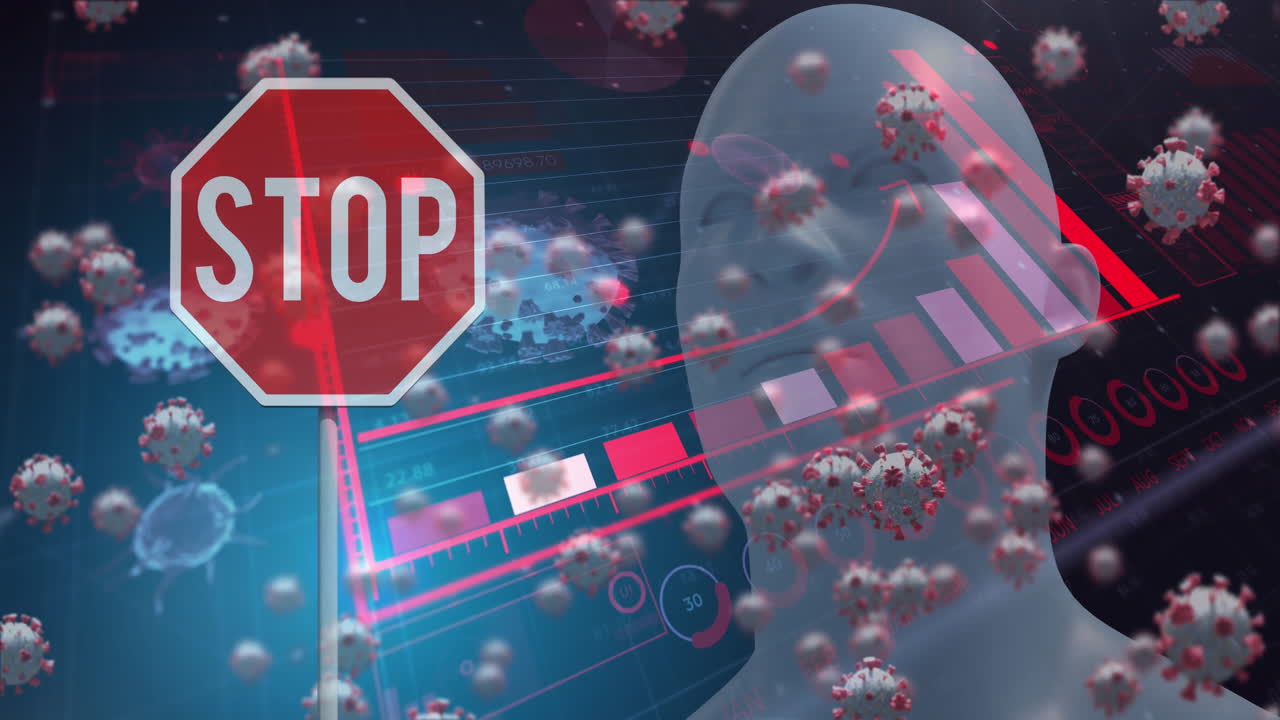 코로나19 세포와 휴게소 표지판과 인간의 머리 모델과 통계 데이터 처리