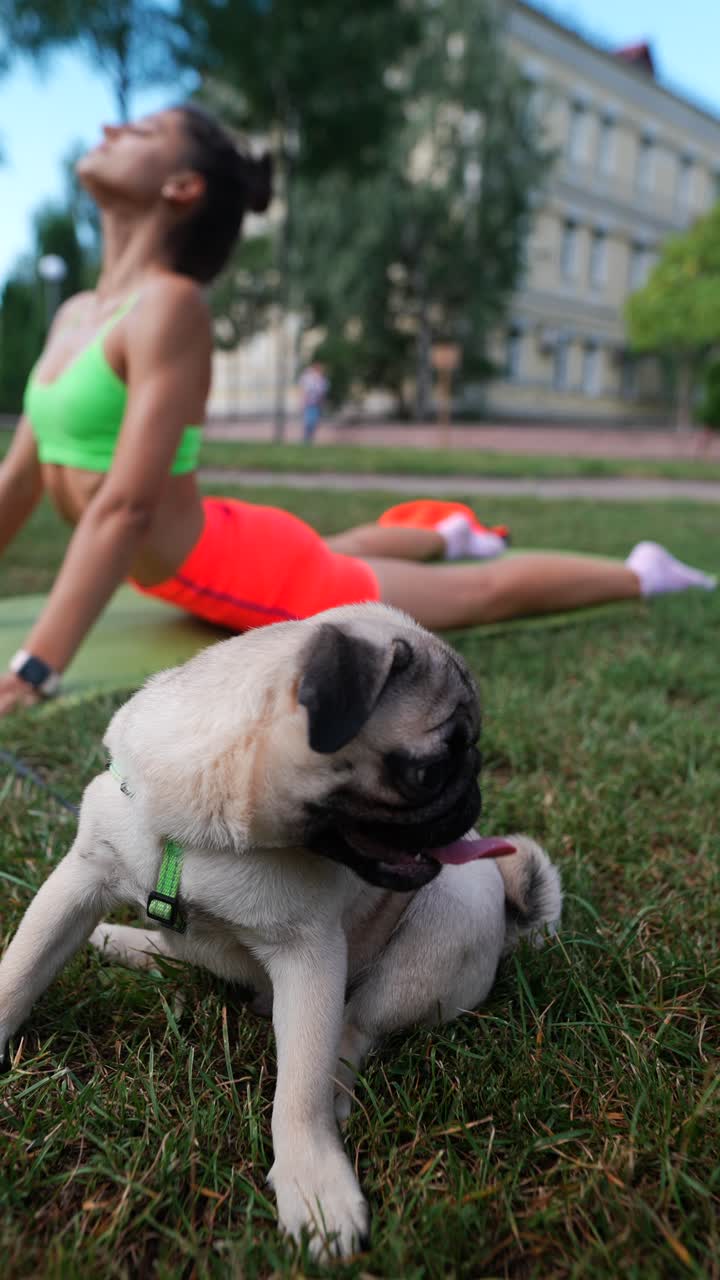 y una mujer haciendo yoga en el parque.