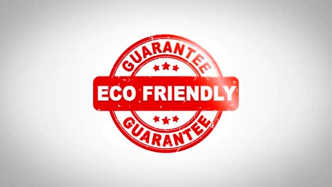 eco friendly signed stamping text wooden stamp animation. red ink on clean white paper surface background with green matte background included.