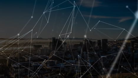 animation of network of connections and data processing over cityscape