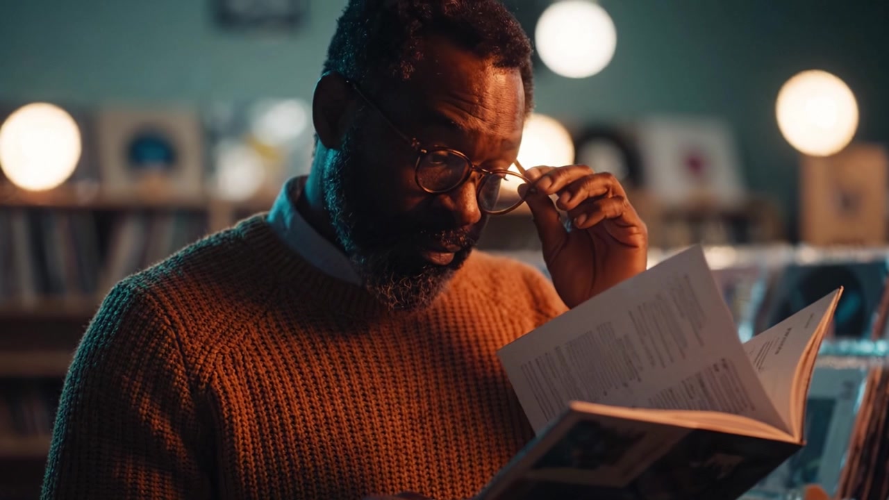 Un Moment de Réflexion : Une personne vêtue d'un pull douillet lit silencieusement un livre dans un espace esthétique et tamisé, rempli de disques et de souvenirs.