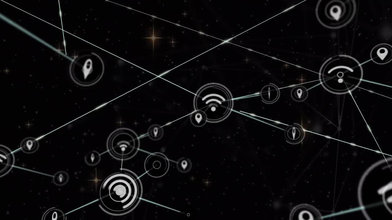 animación de iconos conectados con líneas y estrellas brillantes sobre la galaxia en el fondo.