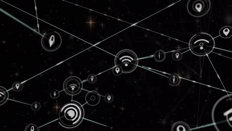 animation of icons connected with lines and shining stars over galaxy in background