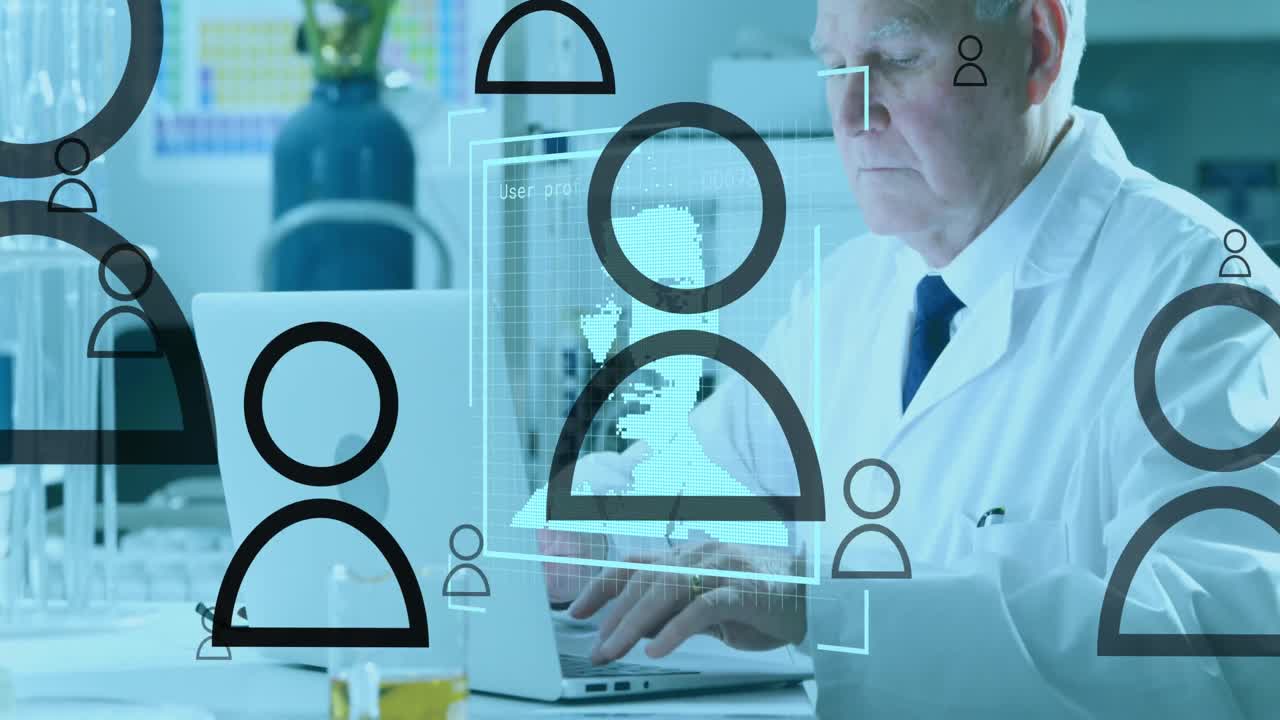 анимация медиа и икон людей над кавказским мужчиной-учёным в лаборатории