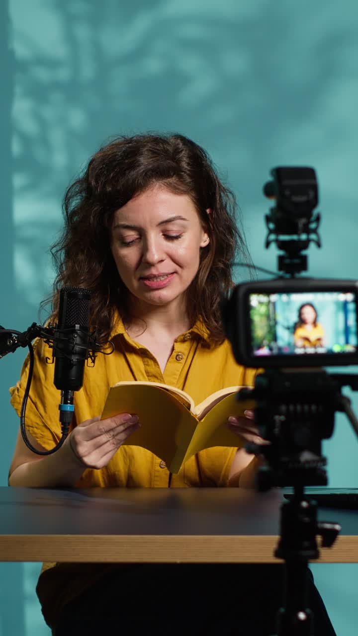 Joven haciendo un videoblog sobre un libro para su audiencia online