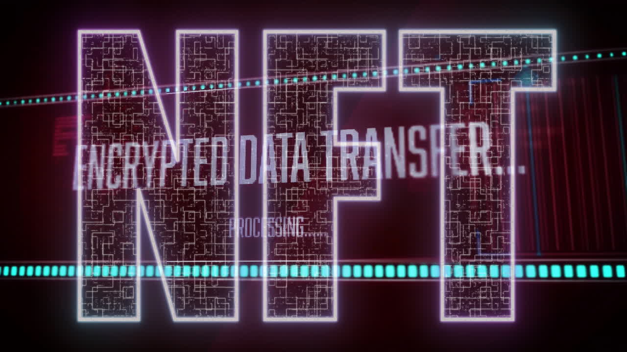 Animation of digital circuit patterns with glowing blue dots for NFT processing
