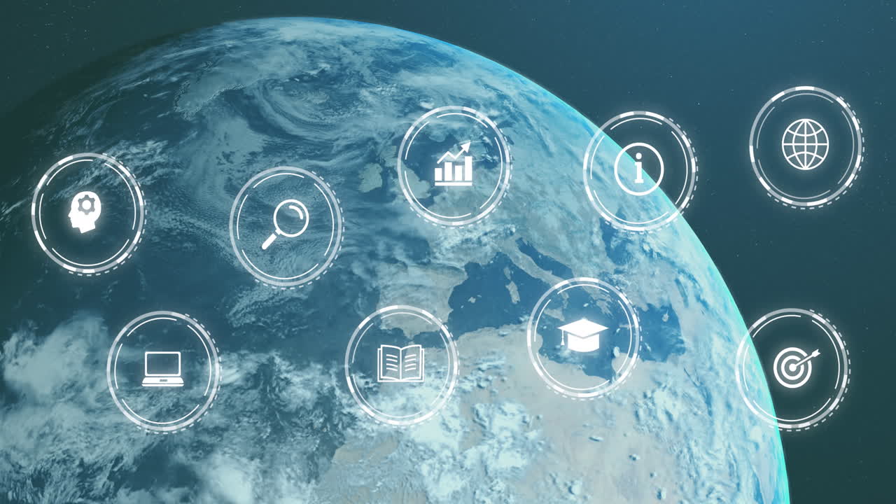 검은 바탕에 전 세계에 있는 아이콘의 애니메이션.