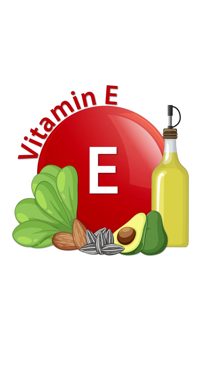 Un'icona rossa di capsula di Vitamina E si anima con testo e illustrazioni di cibi sani, tra cui olio, spinaci, avocado, noci e semi su sfondo bianco