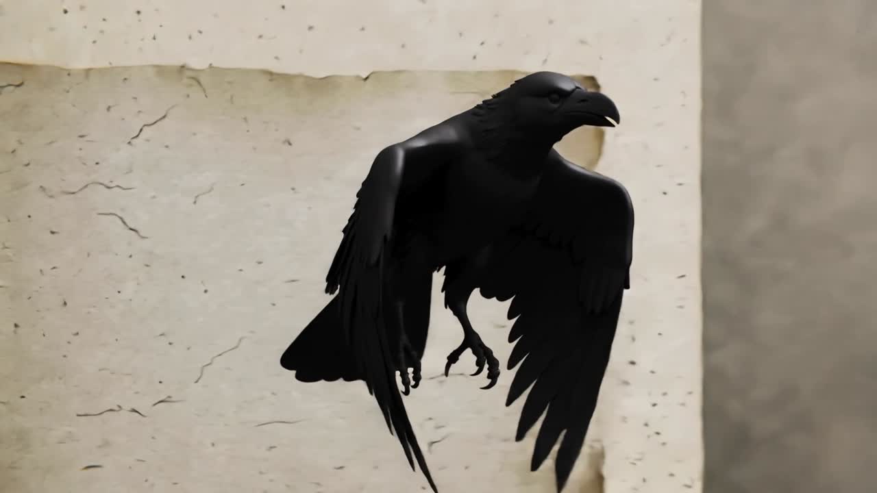 Gambar garis muncul di perkamen tua yang memulai perubahan bentuk burung bergaya dan terbang ke dalam kegelapan.