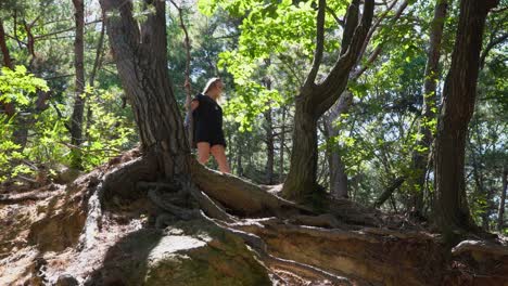 chica aventurera caminando por un bosque de ensueño, de izquierda a derecha en el marco, estática