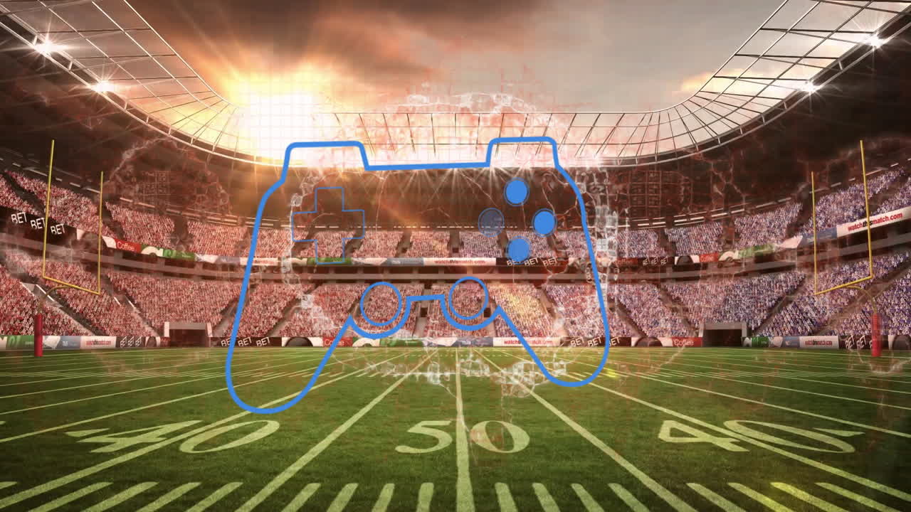 Animation of game controller over football stadium with cheering crowd
