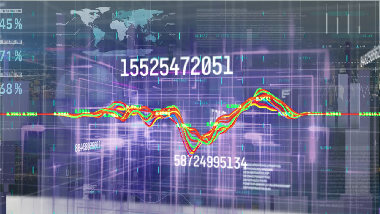 도시 풍경에서 변동하는 금융 데이터의 디지털 애니메이션.