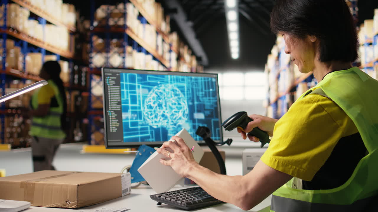 Vertical Video Asian staff member using artificial intelligence to scan shipping labels