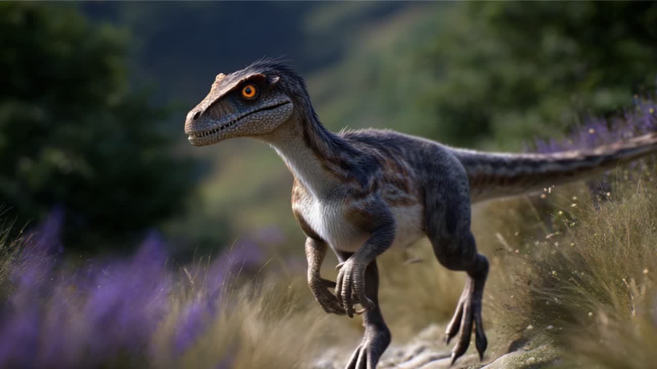 Una Feroce Creatura Dinosauro che Corre Attraverso un Paesaggio Lussureggiante e Verde Adornato da Fiori Viola Vibranti, Mostrando la Fauna Preistorica in Movimento e Dettagli Vividi