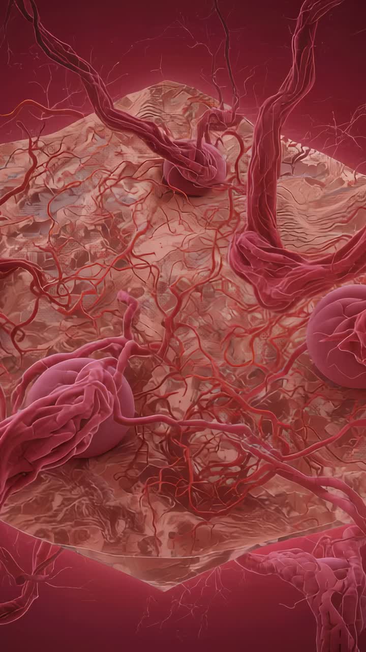 Vertical video: Panning camera showing capillary tufts under microscope, revealing vessel branches