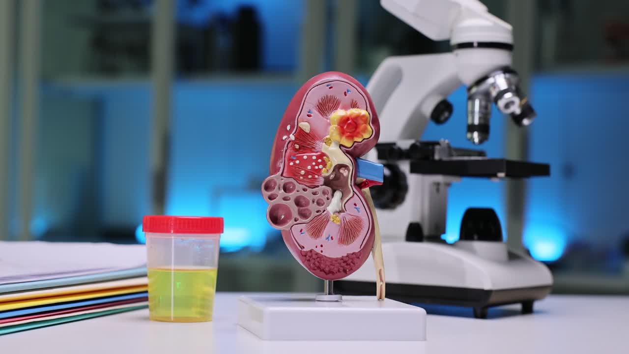 Kidney Anatomy Model with Urine Sample and Microscope in Lab