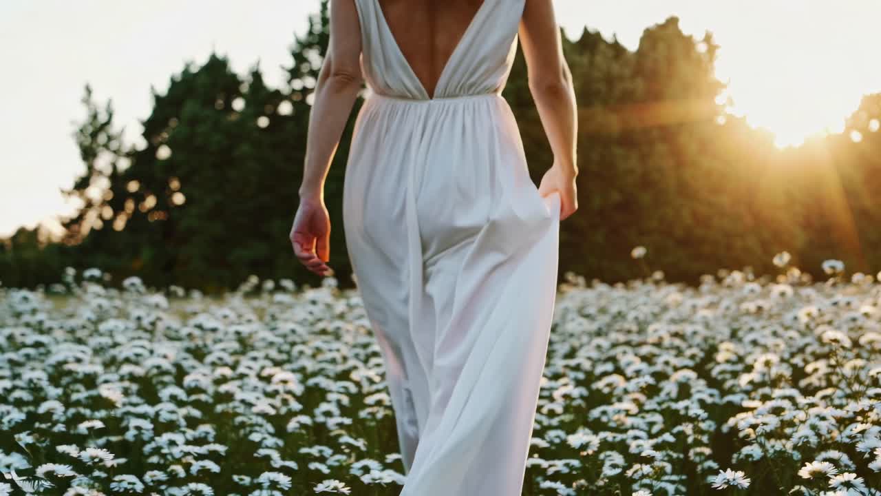 A serene video scene with a low-angle view of a woman in a flowing dress walking through a daisy