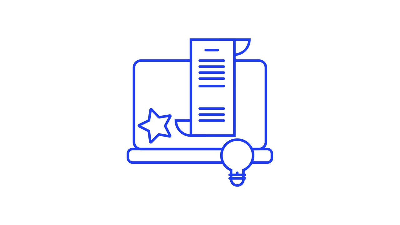 Animated Line Icon of Laptop with Document, Star, and Lightbulb