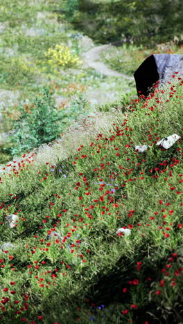 a path winds through a field of wildflowers