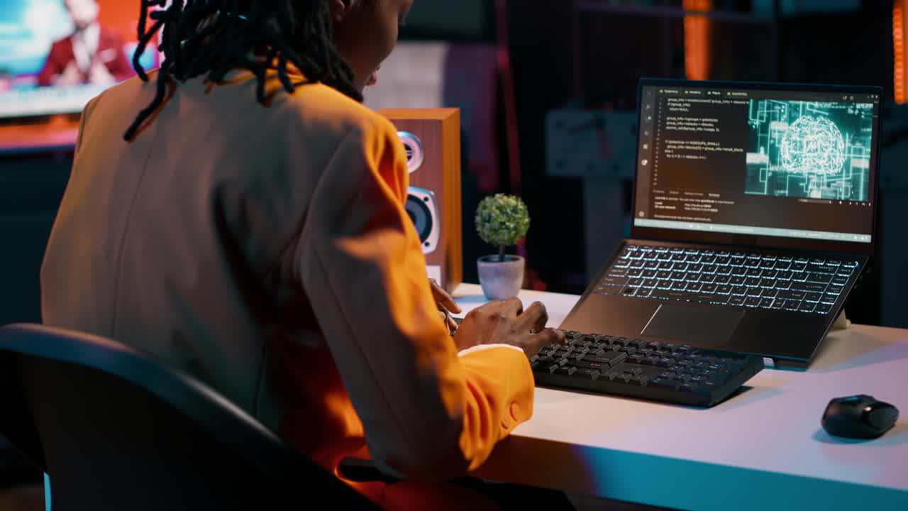 African american girl uses artificial intelligence software for machine learning