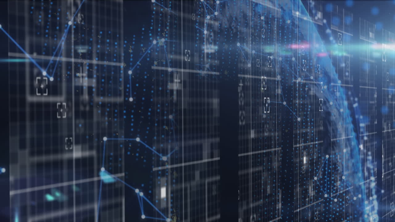 Animation of shapes moving and globe over black background