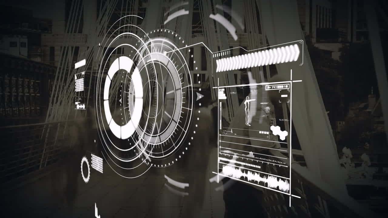 Digital interface animation overlaying urban bridge in futuristic city setting