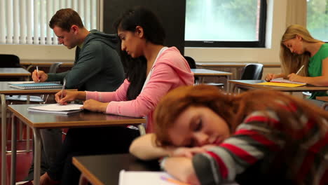 student asleep at her desk in class