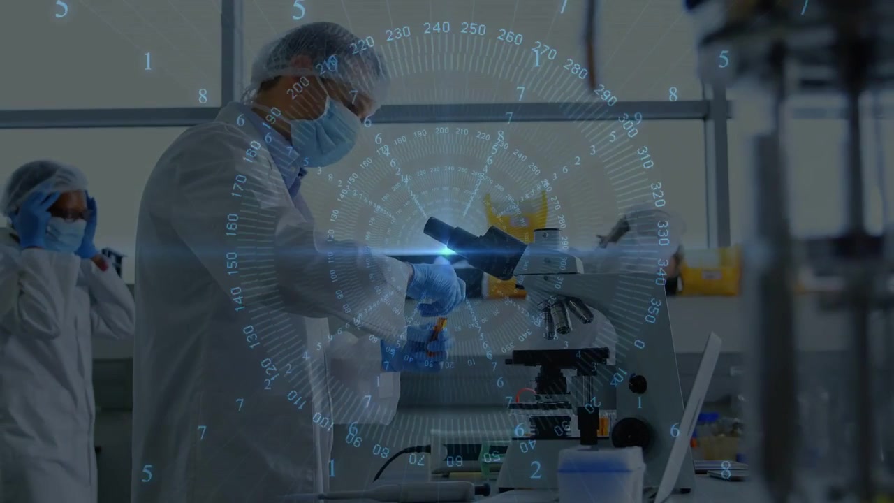Male scientist placing vial into microscope, focusing in lab, HUD marking sample for analysis