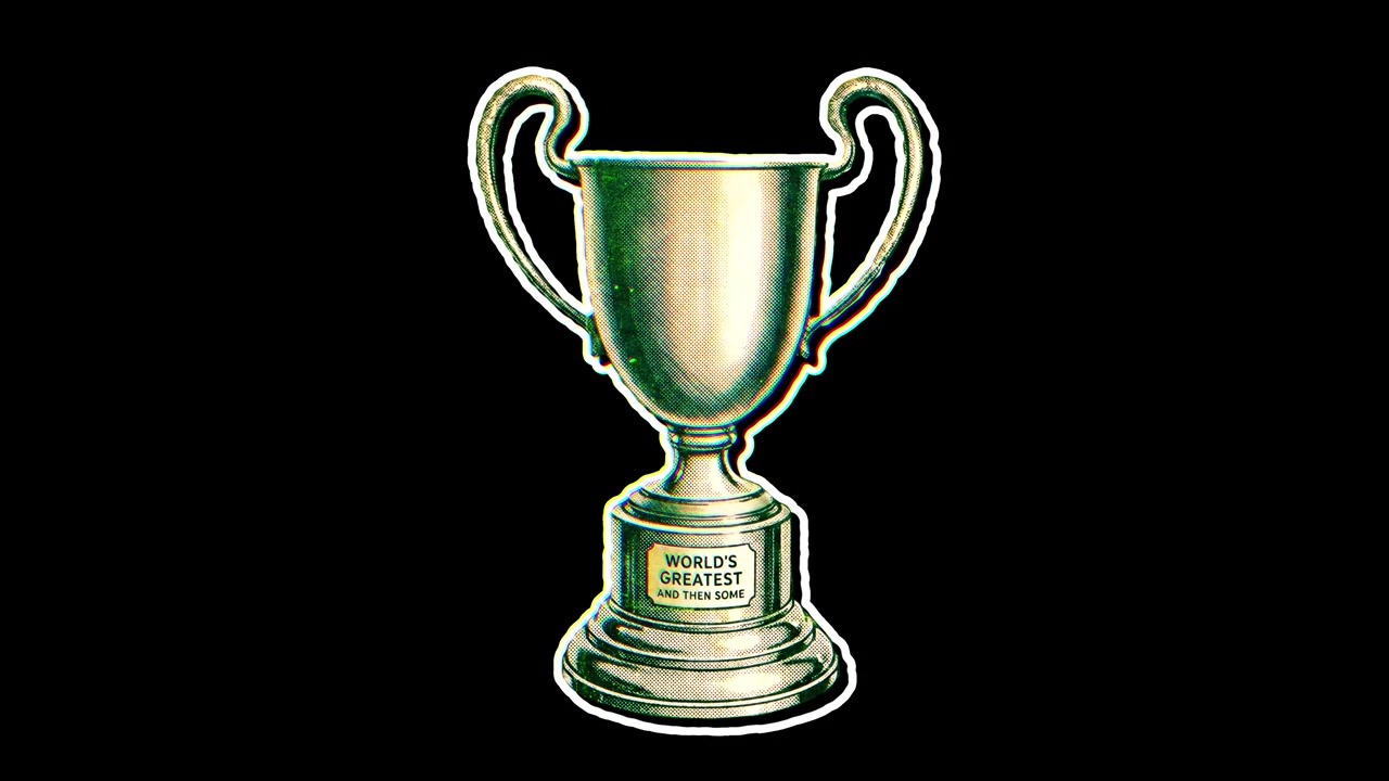 Trofeo retrò animato con testo "World's Greatest and Then Some"