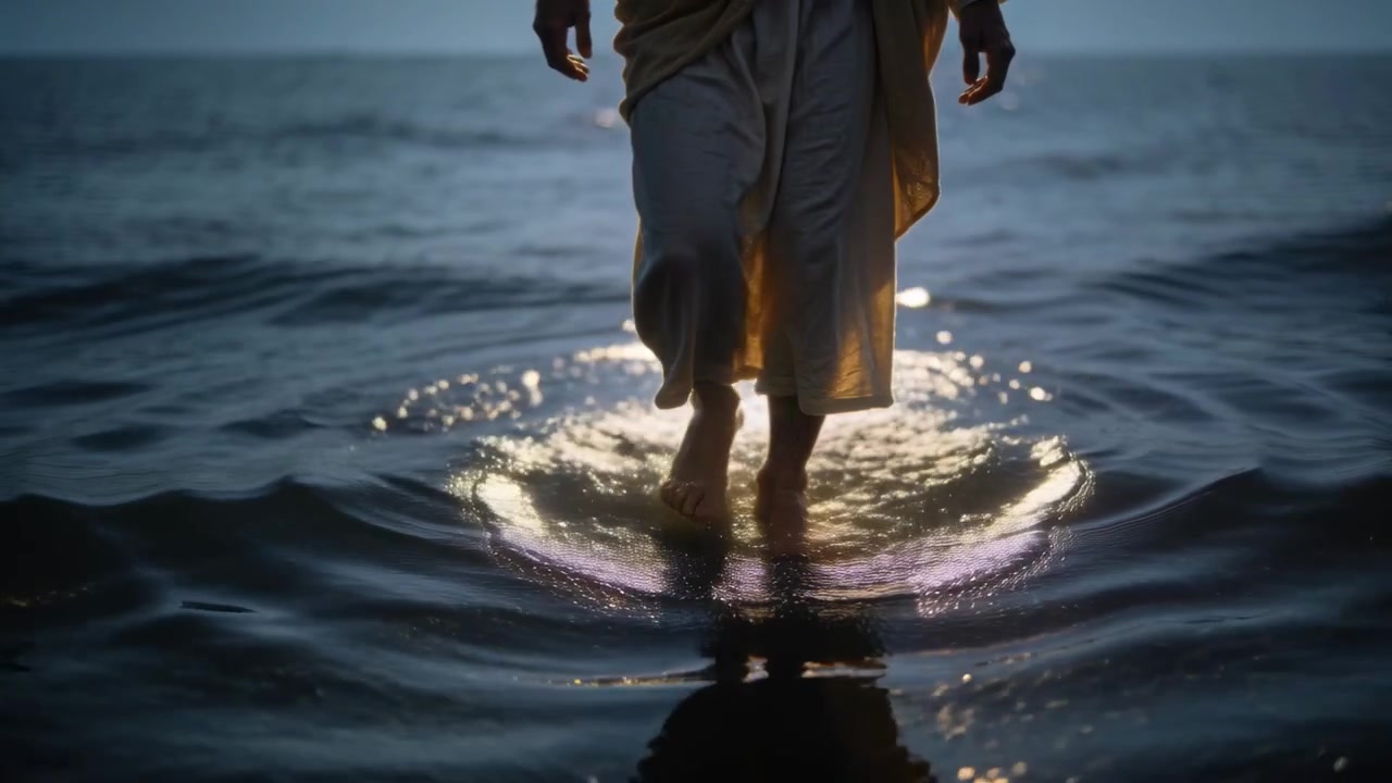 Homem descalço, vestindo túnica, caminhando em mar raso, o pé tocando a água e levantando ondulações, com o sol brilhando.