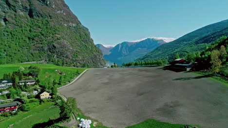 Norway-fjords-and-Flam-town-side,-aerial-drone-view