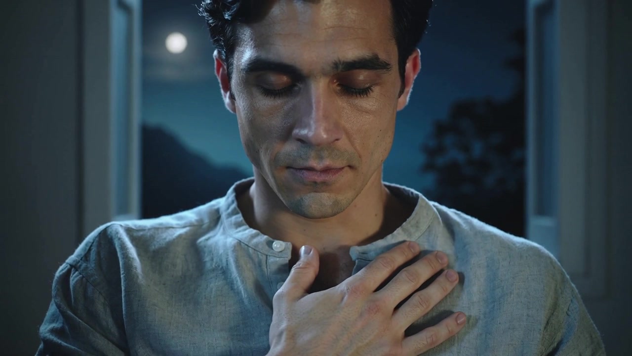 Homem de camisa de linho, com os olhos fechados, colocando a mão sobre o peito em uma janela aberta iluminada pela lua, buscando paz.