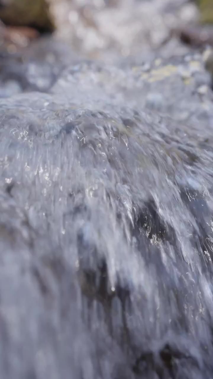 L'acqua scorre impetuosa sulle pietre in un ruscello naturale. Le increspature si sfocano intorno alle rocce, creando un movimento dinamico. Bolle salgono mentre l'acqua si infrange contro la roccia. La scena appare fresca e rinfrescante