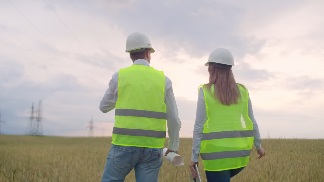 The view from the back: group of engineers at a high-voltage power plant with a tablet and drawings walk and discuss a plan for the supply of electricity to the city. Transportation of renewable clean energy.