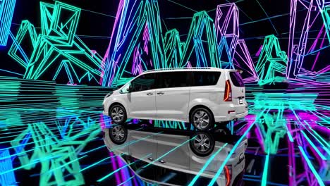 white minivan in neon cityscape