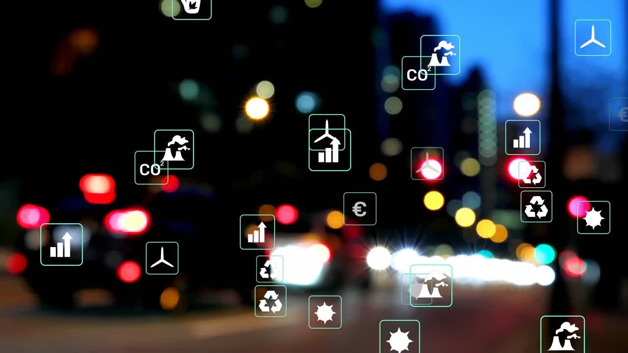 하늘에 대항하여 거리에서 움직이는 흐릿한 차량 위의 여러 아이콘의 애니메이션