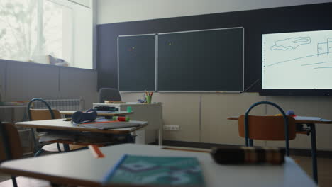 school classroom with chalkboard. school desks and chairs with supplies