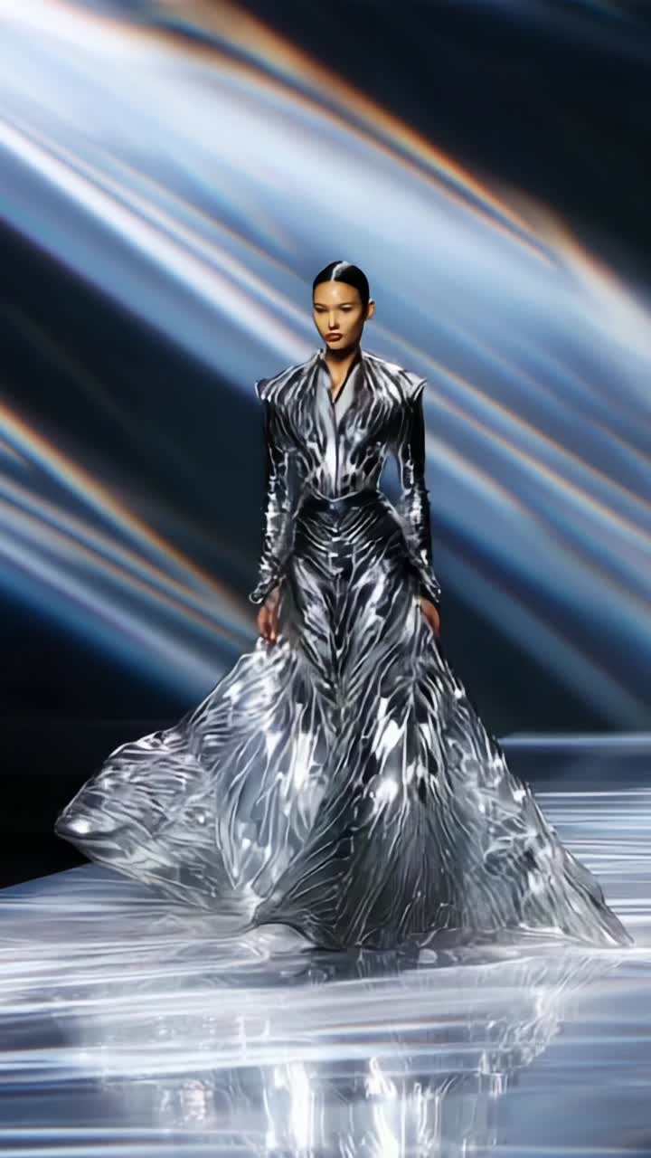 Sfilata di moda mozzafiato con incantevole abito argentato dal design fluido e modella impeccabile che sfila in passerella sotto effetti di luce scenografici