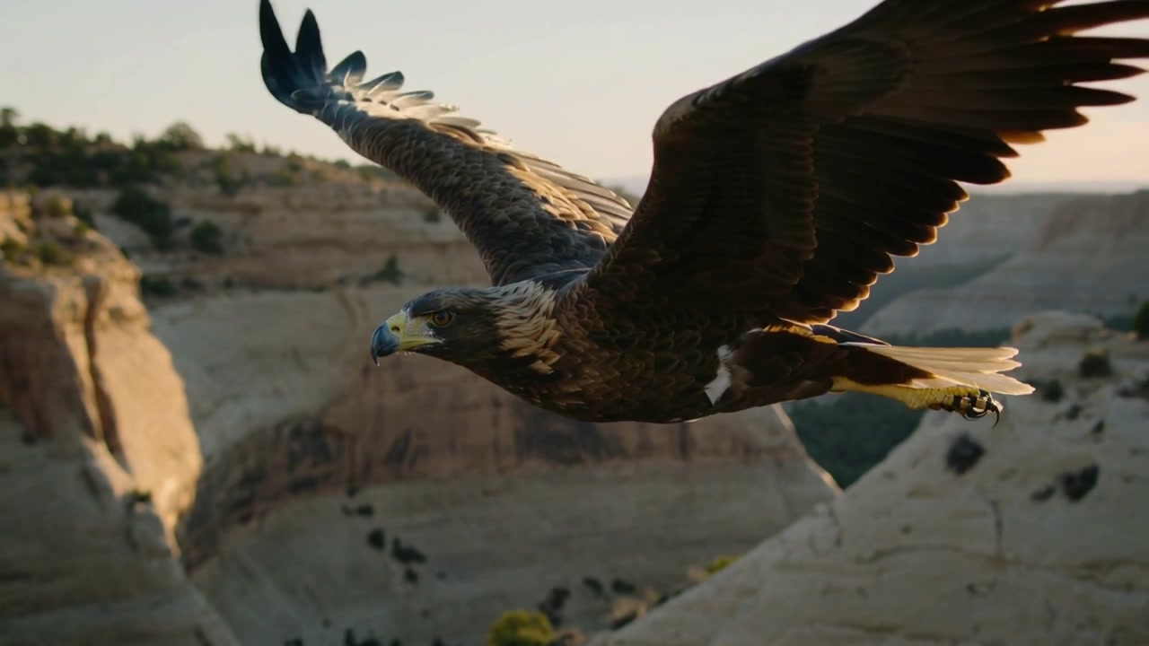 Aquila che plana sfruttando una corrente termica, regolando e battendo le ali lungo un canyon di arenaria, con becco adunco.