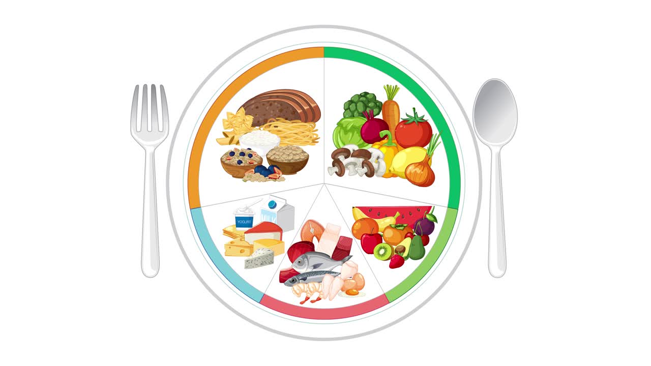 Colorful animation illustrates balanced food groups on a plate, emphasizing healthy eating proportions and variety