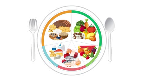 colorful animation illustrates balanced food groups on a plate, emphasizing healthy eating proportions and variety