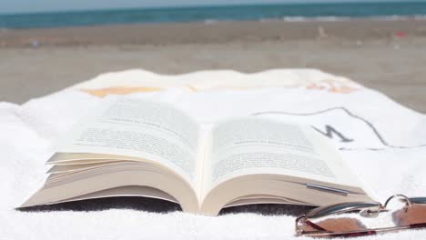 Offenes-Buch-Auf-Einem-Handtuch-Liegend-An-Einem-Sonnigen-Strand-Der-Wind-Blättert-Durch-Die-Seiten