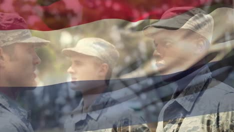 animation of flag of netherlands over diverse male soldiers