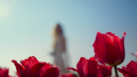 Close-up-unknown-girl-on-red-flowers-background.-Beautiful-red-tulips-closeup.